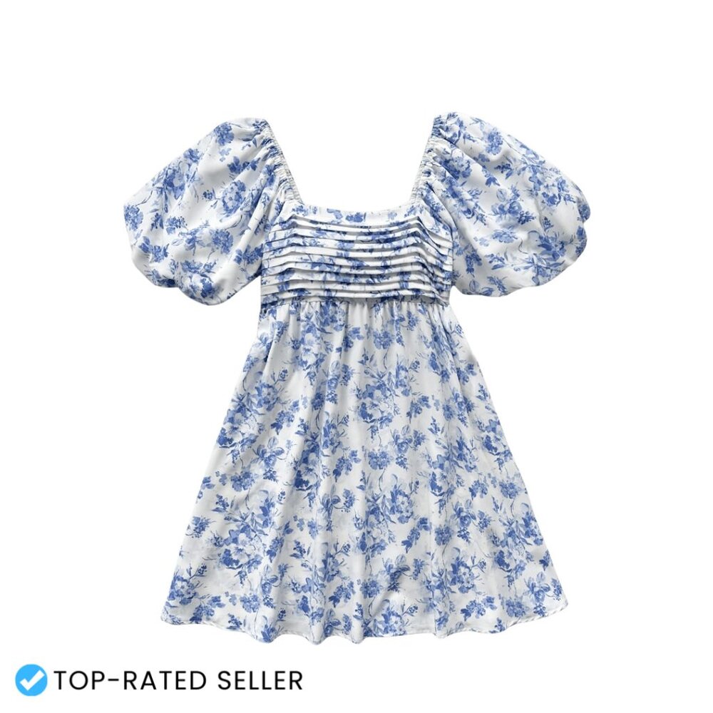 Floral Puff Sleeve Square Neck Mini Dress Boho Chic Casual Summer Picnic - Picture 1 of 5